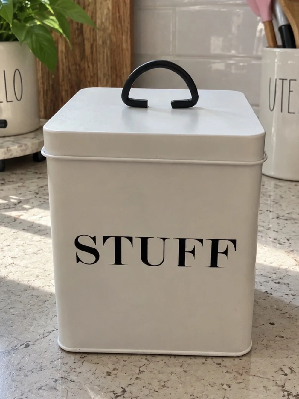 STUFF White Kitchen Storage Tin with Black Handle - Home Kitchen Organizer